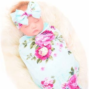 Newborn Teal & pink floral swaddle + matching bow headband.